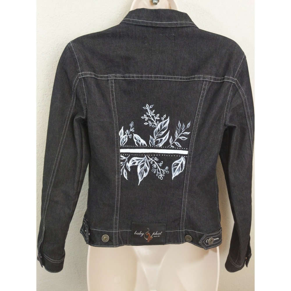 Custom Baby Phat Dark Blue Denim Jacket Custom Painted Back Long Sleeve Sz Small